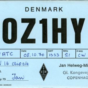 QSL Card from OZ1HY, Copenhagen, Denmark, to W4ATC, NC State Student Amateur Radio