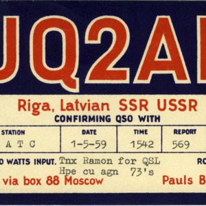 QSL Card from UQ2AB, Riga, Latvian, USSR, to W4ATC, NC State Student Amateur Radio