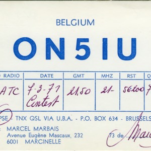 QSL Card from ON5IU, Brussels, Belgium, to W4ATC, NC State Student Amateur Radio