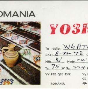QSL Card from YO3RT, Romania, to W4ATC, NC State Student Amateur Radio