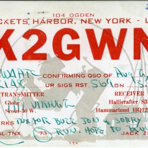QSL Card from K2GWN, Sackets, Harbor, N.Y., to W4ATC, NC State Student Amateur Radio