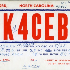 QSL Card from K4CEB, Concord, N.C., to W4ATC, NC State Student Amateur Radio
