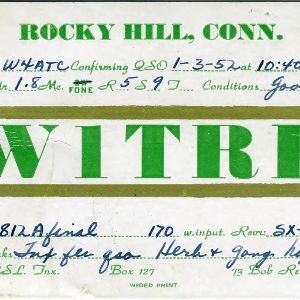 QSL Card from W1TRF, Rocky Hill, Conn., to W4ATC, NC State Student Amateur Radio