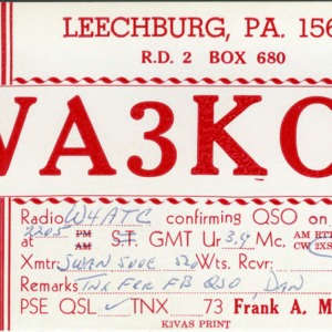 QSL Card from WA3KOJ, Leechburg, Pa., to W4ATC, NC State Student Amateur Radio