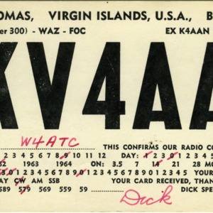 QSL Card from KV4AA, St. Thomas, Virgin Islands, to W4ATC, NC State Student Amateur Radio