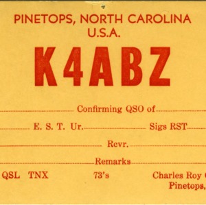 QSL Card from K4ABZ, Pinetops, N.C., to W4ATC, NC State Student Amateur Radio
