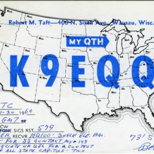 QSL Card from K9EQQ, Wausau, Wisc., to W4ATC, NC State Student Amateur Radio
