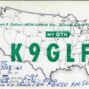 QSL Card from K9GLF, Downers Grove, Ill., to W4ATC, NC State Student Amateur Radio