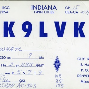 QSL Card from K9LVK, Denver, Ind., to W4ATC, NC State Student Amateur Radio