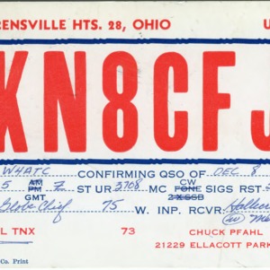 QSL Card from KN8CFJ, Warrensville Hts., Ohio, to W4ATC, NC State Student Amateur Radio