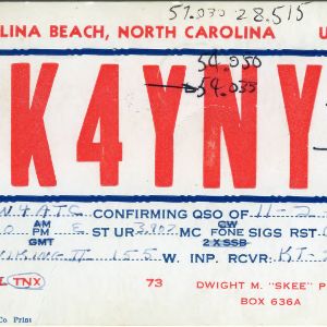 QSL Card from K4YNY, Carolina Beach, N.C., to W4ATC, NC State Student Amateur Radio