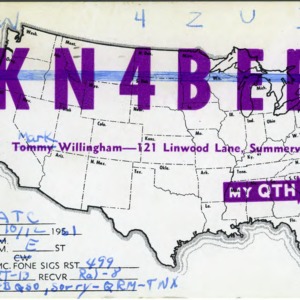 QSL Card from KN4BEB, Summerville, S.C., to W4ATC, NC State Student Amateur Radio