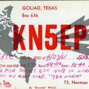 QSL Card from KN5EPU, Goliad, Tex., to W4ATC, NC State Student Amateur Radio