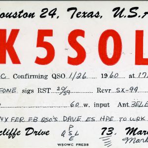 QSL Card from K5SOL, Houston, Tex., to W4ATC, NC State Student Amateur Radio