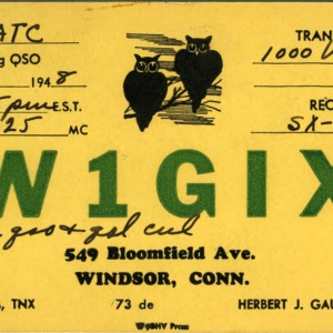 QSL Card from W1GIX, Windsor, Conn., to W4ATC, NC State Student Amateur Radio