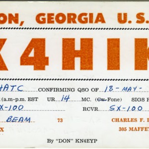 QSL Card from K4HIK, Trion, Ga., to W4ATC, NC State Student Amateur Radio