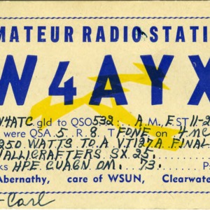 QSL Card from W4AYX, Clearwater, Fla., to W4ATC, NC State Student Amateur Radio