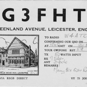 QSL Card from G3FHT, Leicester, England, to W4ATC, NC State Student Amateur Radio