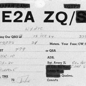 QSL Card from VE2AZQ, Camp Valcartier, Canada, to W4ATC, NC State Student Amateur Radio