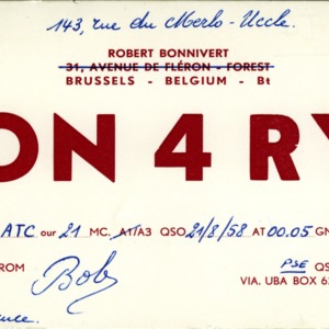 QSL Card from ON4RY, Brussels, Belgium, to W4ATC, NC State Student Amateur Radio
