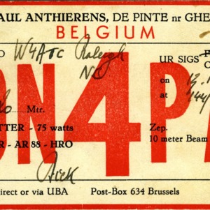 QSL Card from ON4PA, Ghent, Belgium, to W4ATC, NC State Student Amateur Radio