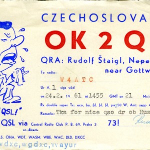 QSL Card from OK2QR, Gottwaldov, Czechoslovakia, to W4ATC, NC State Student Amateur Radio