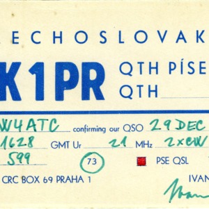 QSL Card from OK1PR, Prague, Czechoslovakia, to W4ATC, NC State Student Amateur Radio