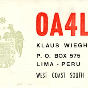QSL Card from OA4LM, Lima, Peru, to W4ATC, NC State Student Amateur Radio