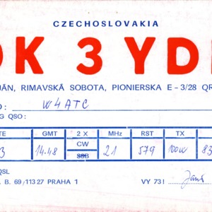 QSL Card from OK37DP, Rimavska Sobota, Czechoslovakia, to W4ATC, NC State Student Amateur Radio