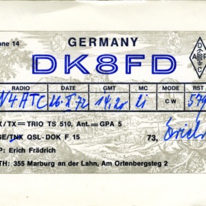 QSL Card from DK8FD, Marburg am der Lahn, Germany, to W4ATC, NC State Student Amateur Radio