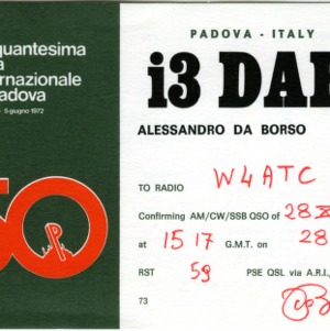 QSL Card from I3DAB, Padua, Italy, to W4ATC, NC State Student Amateur Radio