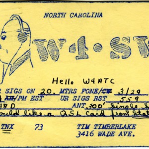 QSL Card from W4SWL, Raleigh, N.C., to W4ATC, NC State Student Amateur Radio
