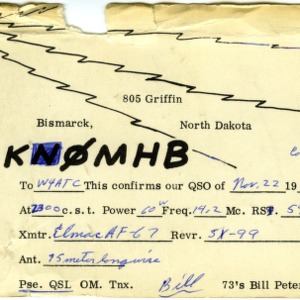 QSL Card from KN0MHB, Bismark, N.D., to W4ATC, NC State Student Amateur Radio