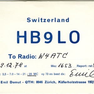QSL Card from HB9LO, Zurich, Switzerland, to W4ATC, NC State Student Amateur Radio