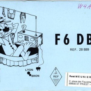 QSL Card from F6DBH, St. Priest, France, to W4ATC, NC State Student Amateur Radio