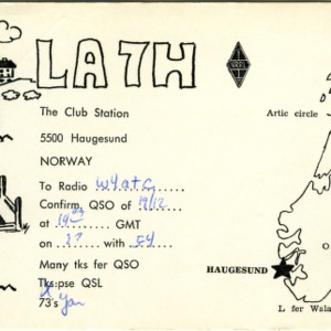 QSL Card from LA7H, Haugesund, Norway, to W4ATC, NC State Student Amateur Radio