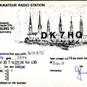 QSL Card from DK7HQ, Hamburg, Germany, to W4ATC, NC State Student Amateur Radio