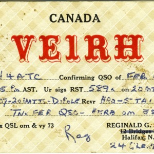 QSL Card from VE1RH, Halifax, Canada, to W4ATC, NC State Student Amateur Radio