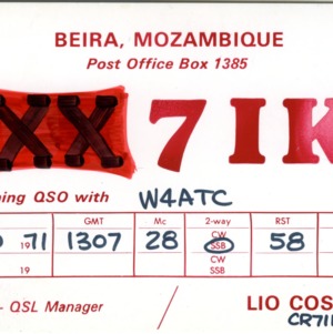 QSL Card from XX7IK, Beira, Mozambique, to W4ATC, NC State Student Amateur Radio