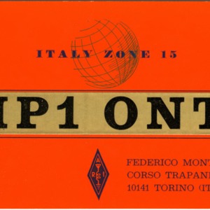 QSL Card from IP1 ONT, Torino, Italy, to W4ATC, NC State Student Amateur Radio