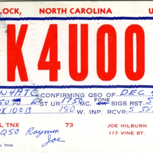 QSL Card from K4UOO, Havelock, N.C., to W4ATC, NC State Student Amateur Radio