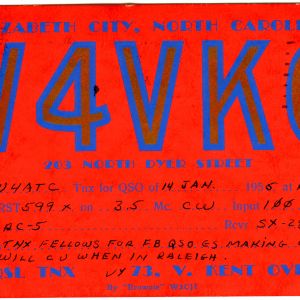 QSL Card from W4VKG, Elizabeth City, N.C., to W4ATC, NC State Student Amateur Radio