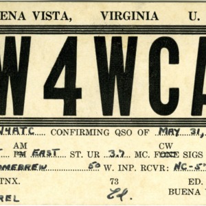 QSL Card from W4WCA, Buena Vista, Va., to W4ATC, NC State Student Amateur Radio