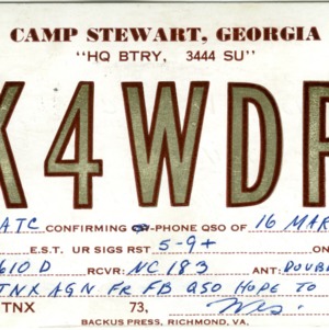QSL Card from K4WDP, Camp Stewart, Ga., to W4ATC, NC State Student Amateur Radio