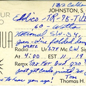 QSL Card from WN4WUA, Johnston, S.C., to W4ATC, NC State Student Amateur Radio
