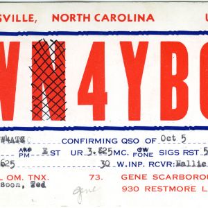 QSL Card from W4YBQ, Statesville, N.C., to W4ATC, NC State Student Amateur Radio
