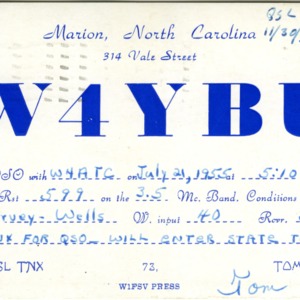 QSL Card from W4YBU, Marion, N.C., to W4ATC, NC State Student Amateur Radio
