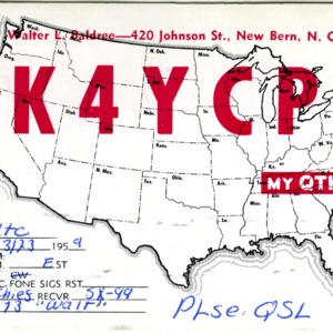 QSL Card from K4YCP, New Bern, N.C., to W4ATC, NC State Student Amateur Radio