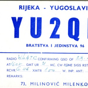 QSL Card from YU2QK, Rijeka, Yugoslavia, to W4ATC, NC State Student Amateur Radio
