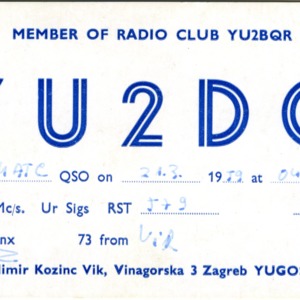 QSL Card from YU2DG, Zagreb, Yugoslavia, to W4ATC, NC State Student Amateur Radio